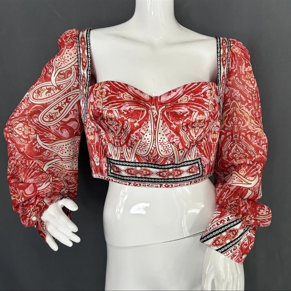 Atina Satin Paisley Long Puff Sleeve Cropped Top Back Zip Sweetheart Size L